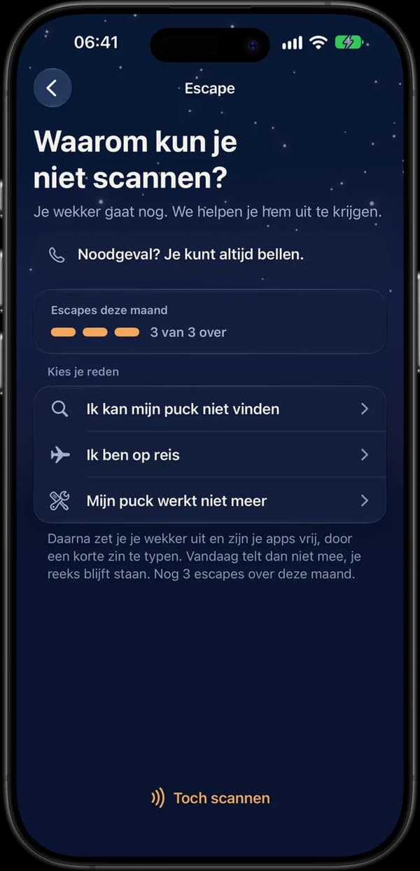 iPhone showing the Escape screen, in Dutch: why can’t you scan, 3 of 3 escapes left this month