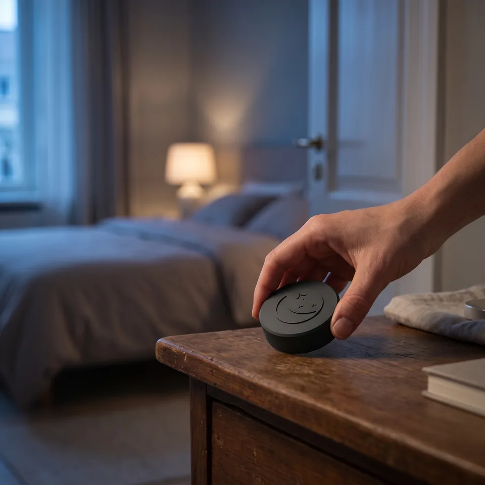 Een hand legt de Sleepslab ’s avonds op een houten dressoir