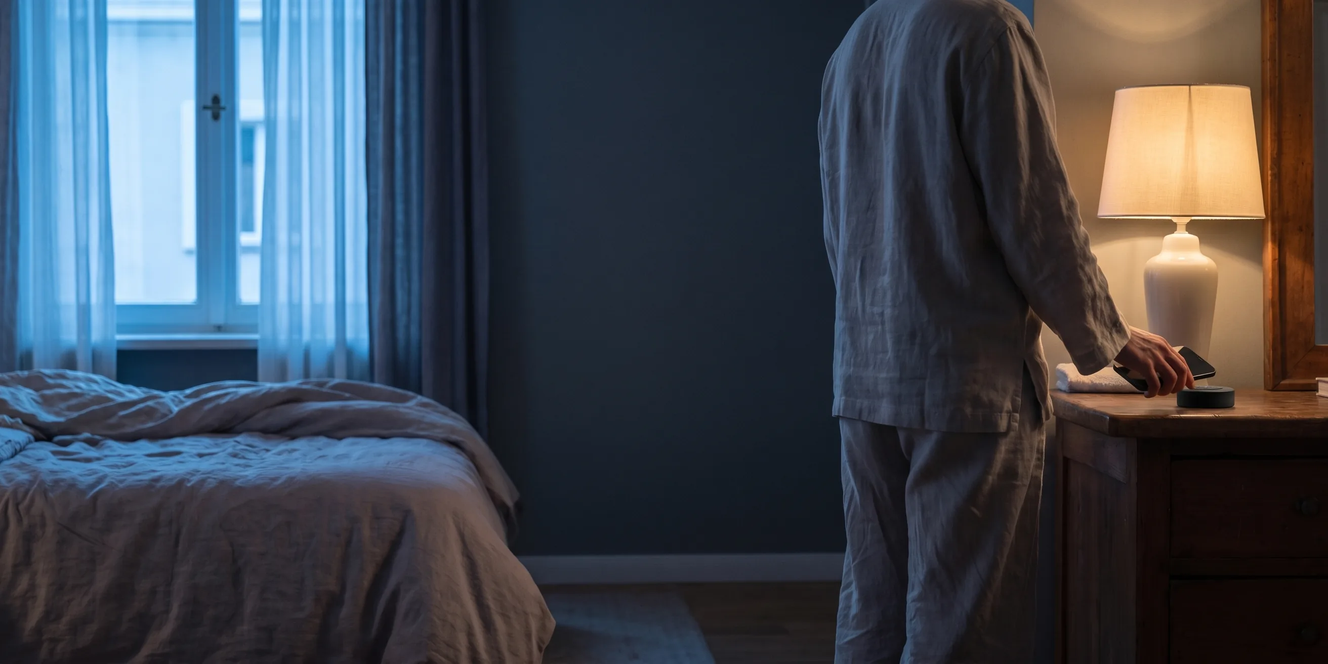 Een slaapkamer in de vroege ochtend: iemand in pyjama houdt zijn iPhone tegen de Sleepslab op het dressoir