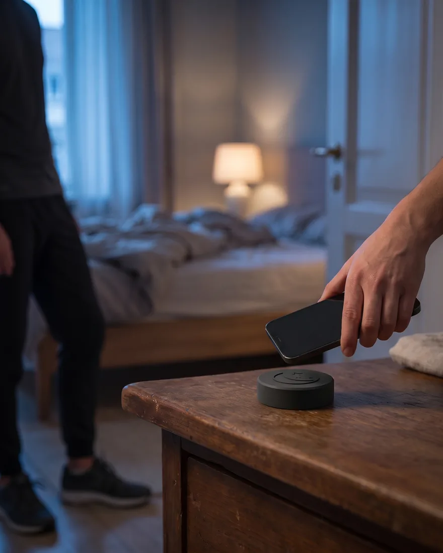Iemand staat naast het bed en houdt zijn iPhone tegen de Sleepslab op het dressoir