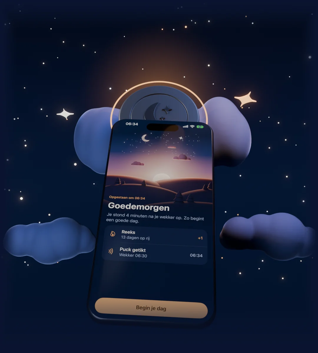 Een iPhone tikt op de Sleepslab; het scherm springt naar Goedemorgen